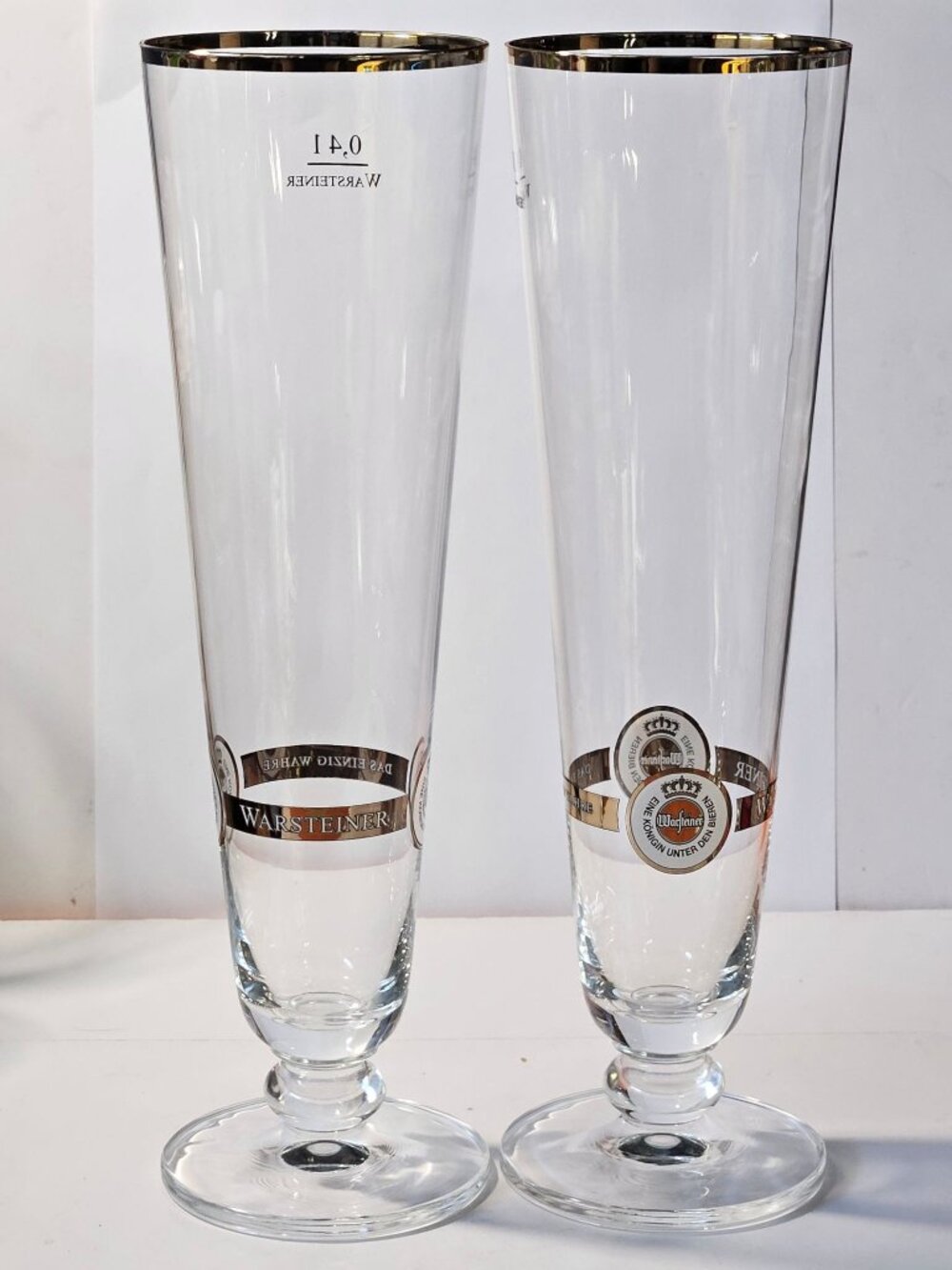 Warsteiner Pilsner Glasses Set of 2 .4L Gold Rim Tall Warsteiner Logo Stemmed